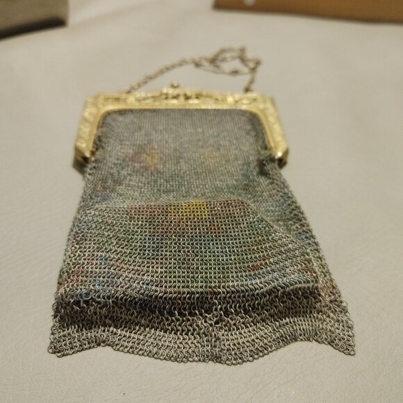 Vintage Whiting Davis Mesh Purse Chain Strap Gold Floral Frame Art Deco Bag - Picture 2 of 9